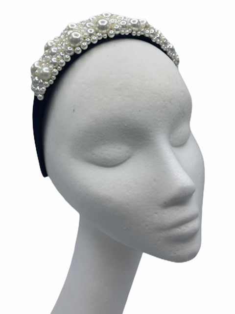 Black satin millinery made headband with pearl encrusted detail.