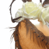 Orange headpiece with feather and ivory flower detail.