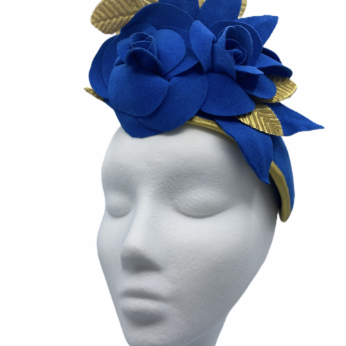 Blue and gold headpiece hugger with handmade felt flowers.