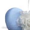 Baby blue satin pillbox with white netting finished with a white flower and white quill.