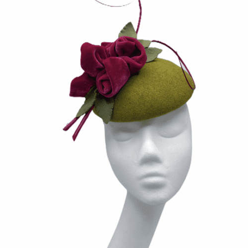 Moss green felt headpiece with pink velvet dior inspired roses.