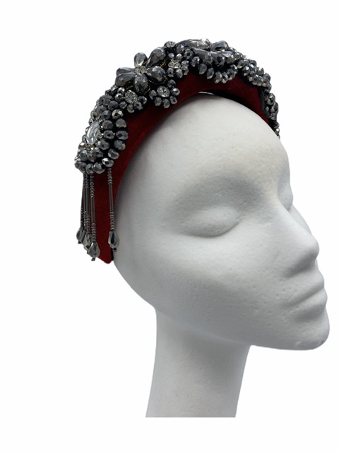 Red velvet crown with stunning pewter beaded detail.