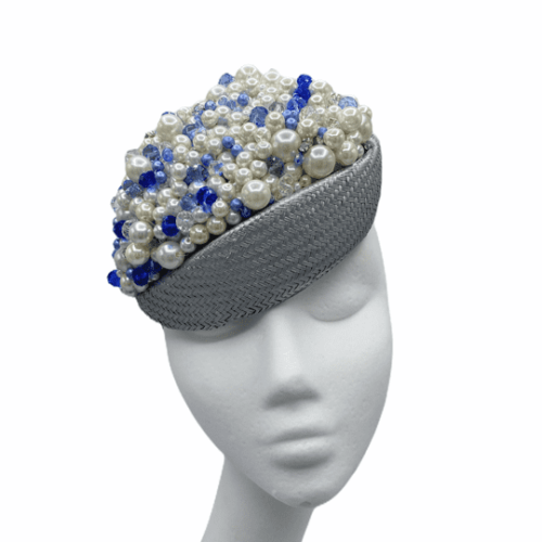 Silver teardrop headpiece with pearl & blue beaded detail.