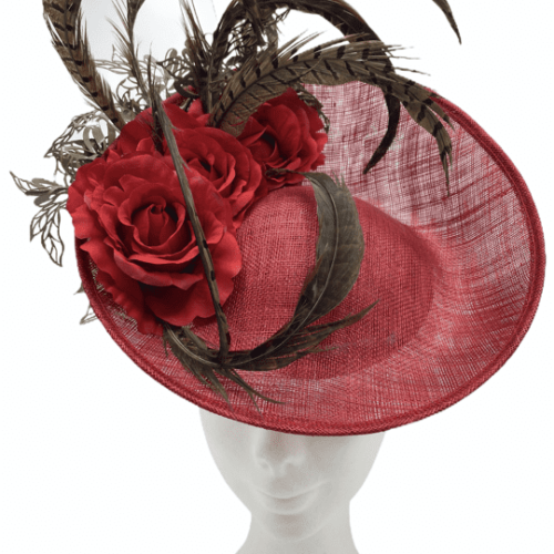 Medium size red headpiece with red flower detail finished with an array of wonderful feathers.