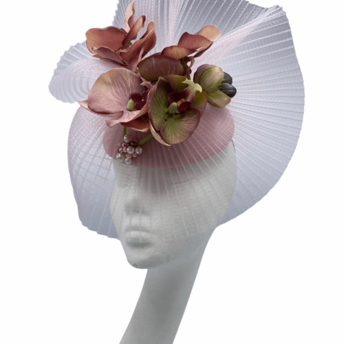 Stunning pink headpiece with blush pink base and orchid flower detail.
