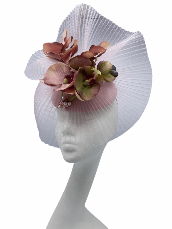Stunning pink headpiece with blush pink base and orchid flower detail.