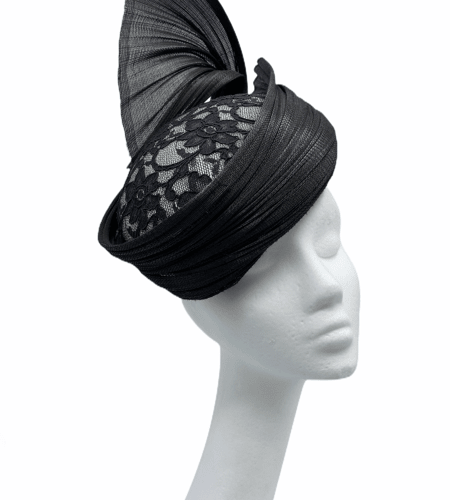Black turban style headpiece with beautiful jinsin fan detail with lace overlay design to the top.