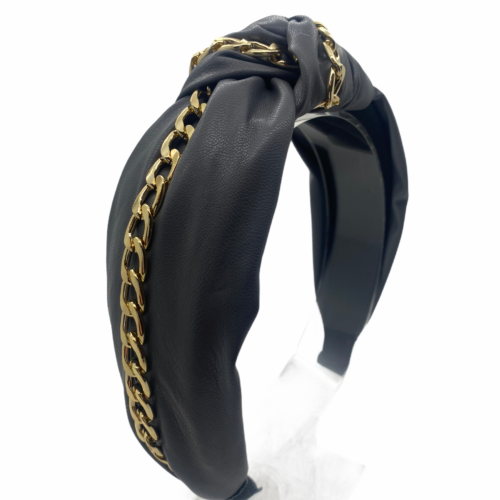 Grey faux leather headband with gold chain detail.