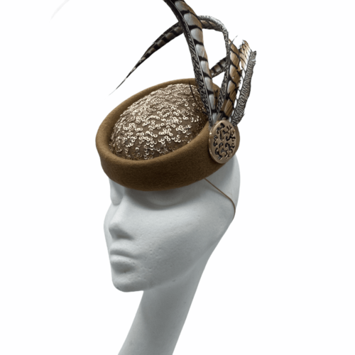 Stunning camel headpiece with sequinned centre and finished with the most fabulous feather detail.