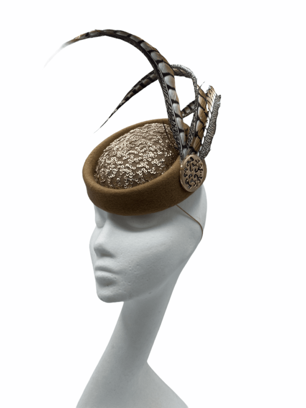 Stunning camel headpiece with sequinned centre and finished with the most fabulous feather detail.