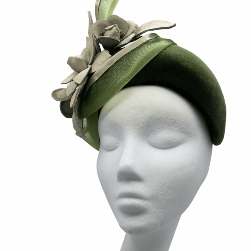 Olive green velvet bandeau headpiece with cream leather flower detail.