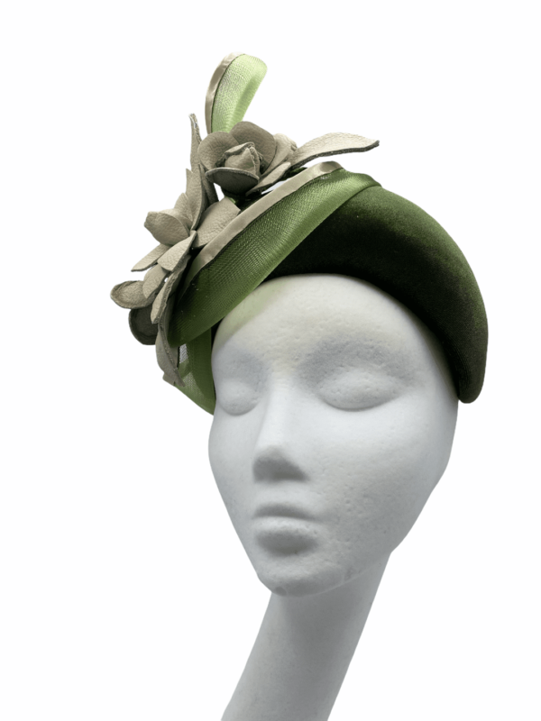 Olive green velvet bandeau headpiece with cream leather flower detail.
