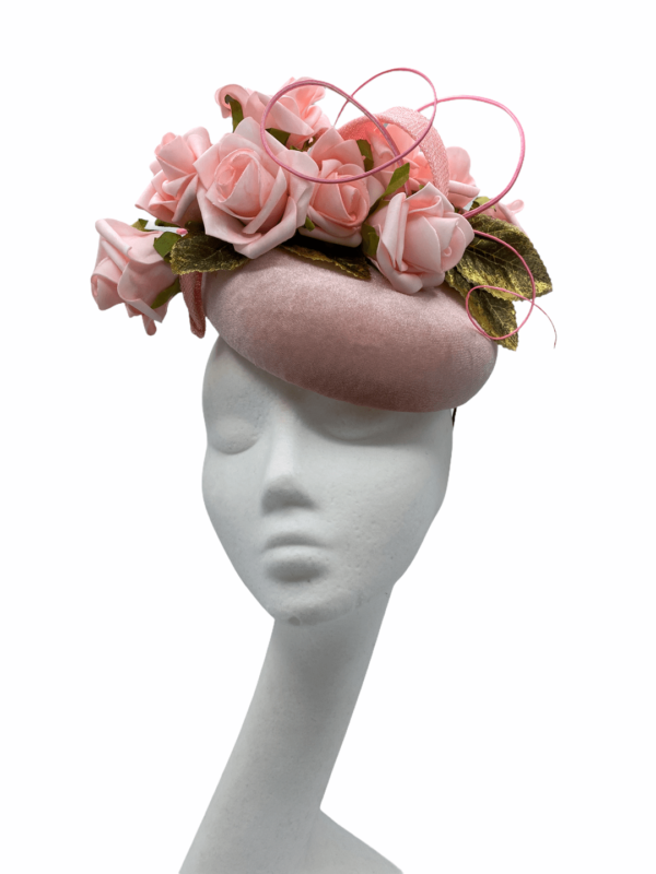 Peach velvet headpiece with stunning flower and leaf detail.