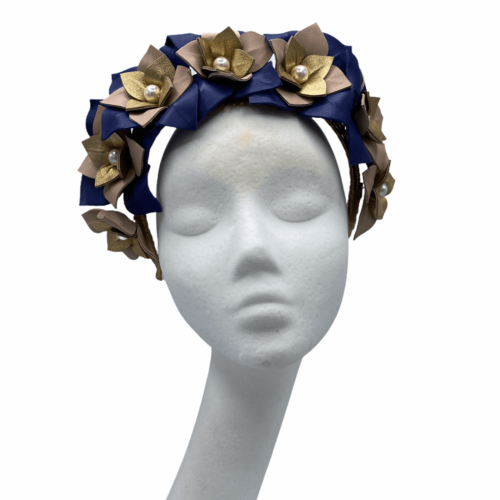Stunning Navy and gold leather crown with pearl centre.