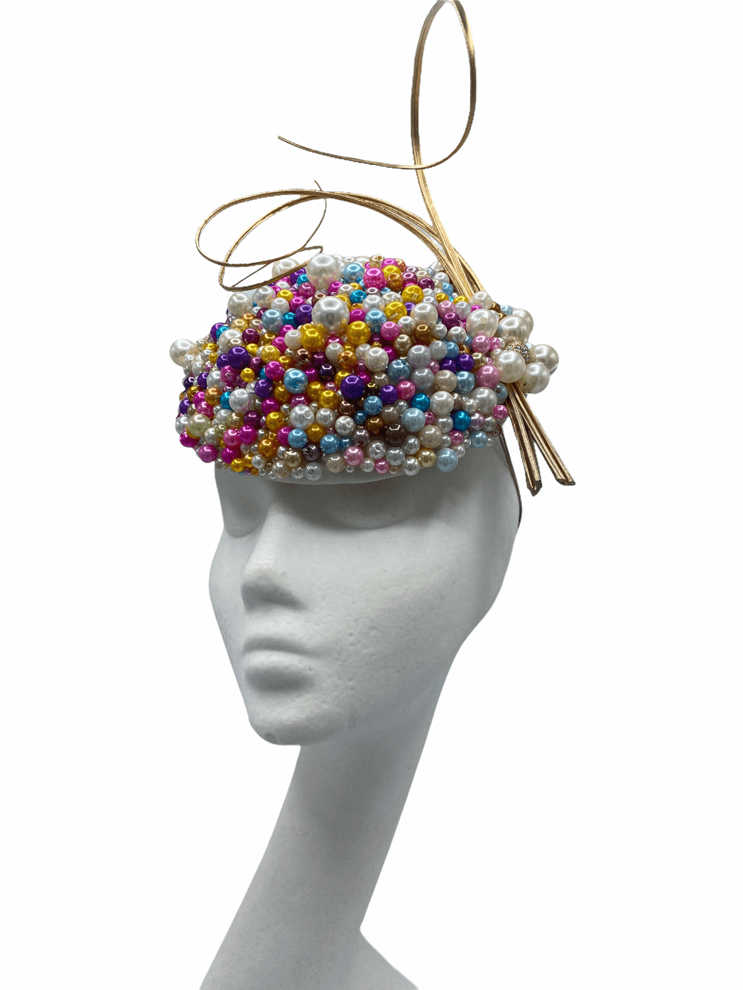 Stunning multi-coloured pearl encrusted headpiece with gold quill detail.