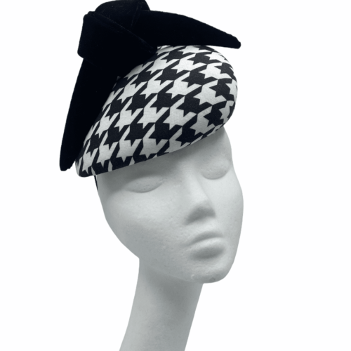 Black and white houndstooth small teardrop base headpiece with black velvet structured knotted swirl. 