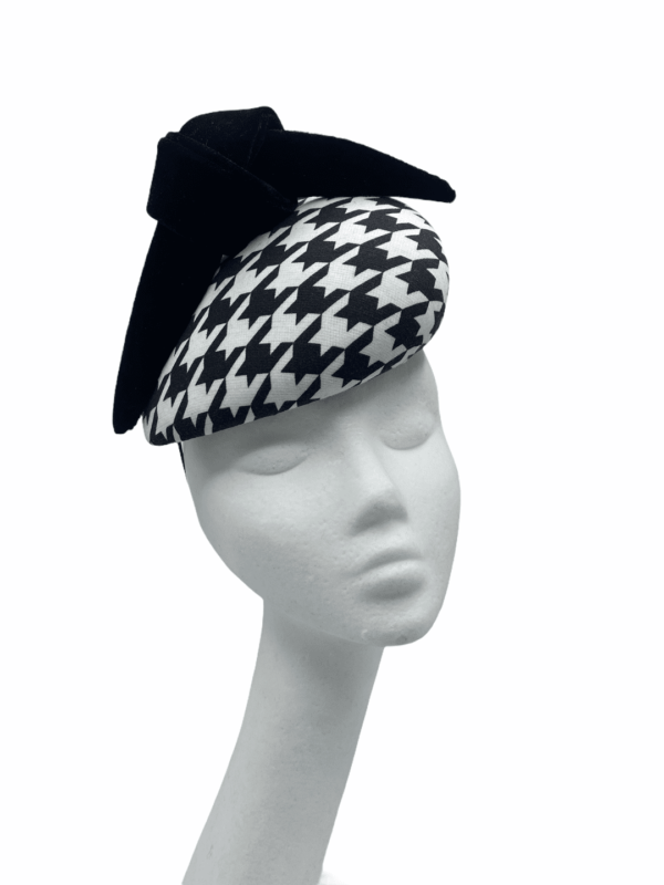 Black and white houndstooth small teardrop base headpiece with black velvet structured knotted swirl. 