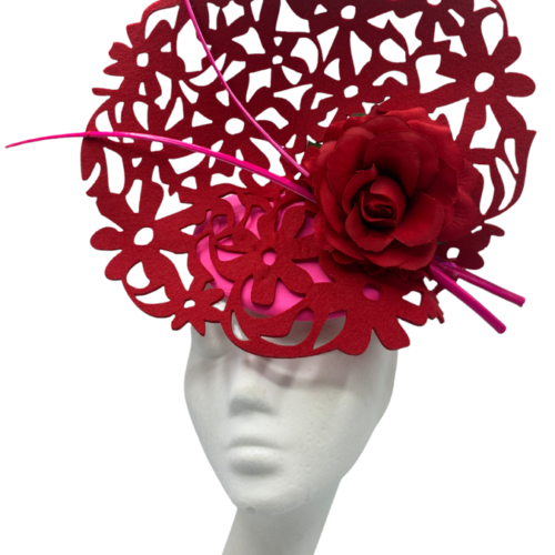Red laser cut headpiece with candy pink base.