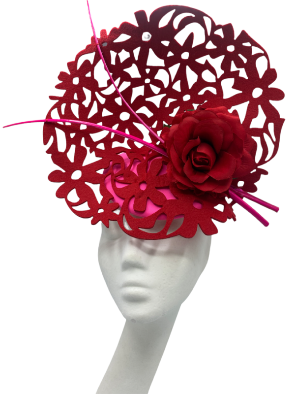 Red laser cut headpiece with candy pink base.
