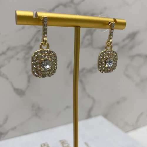 Gold geometric bridal earrings with clear rhinestone drop down detail, perfect for a bride going for a glam look with a small bit of sparkle. Size width 1.4cm x 2.9cm ear drop height.