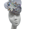 Silver jewel embellished headpiece with iridescent flower detail.