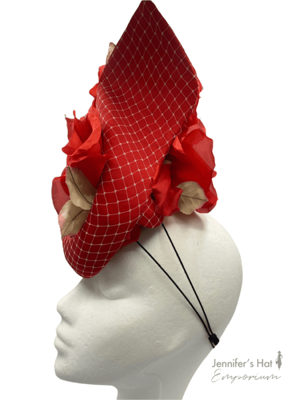 Stunning red and nude flower percher headpiece, quite a structured showstopper headpiece.  