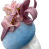 Blue velvet headpiece with baby pink flower detail and gold swirl.