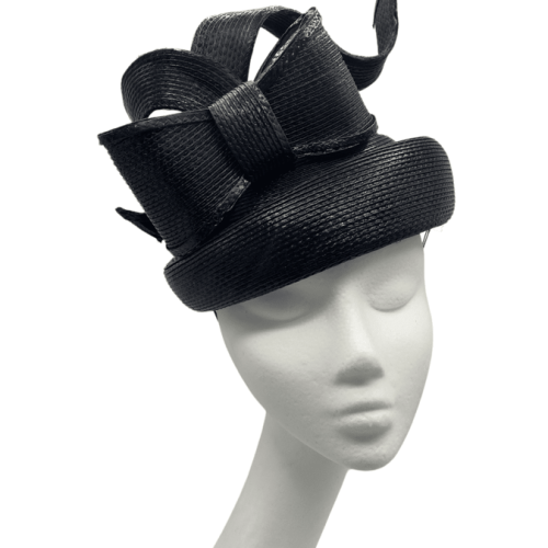 Black structured headpiece with bow detail.