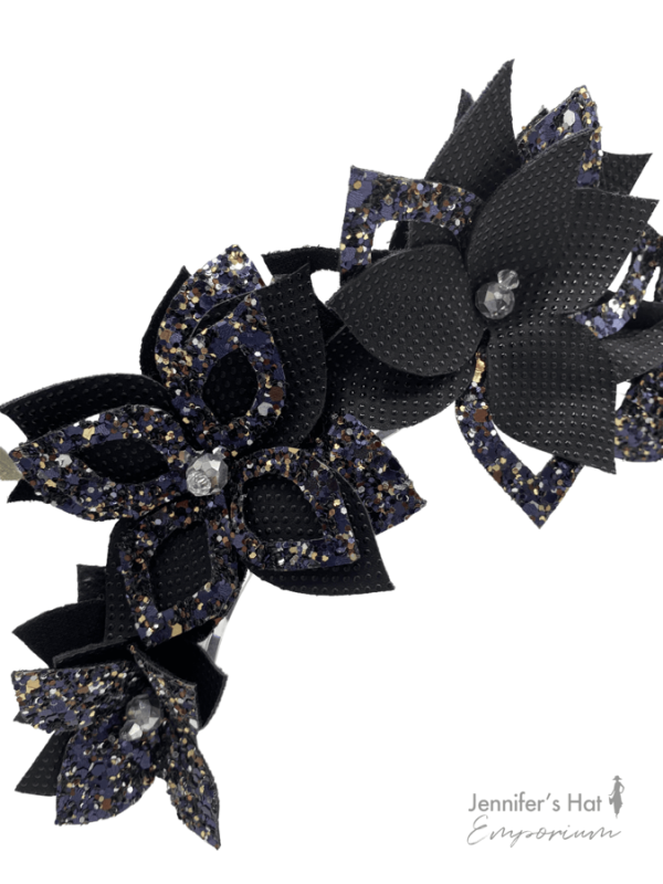 Midnight black flower crown with glitter detail.