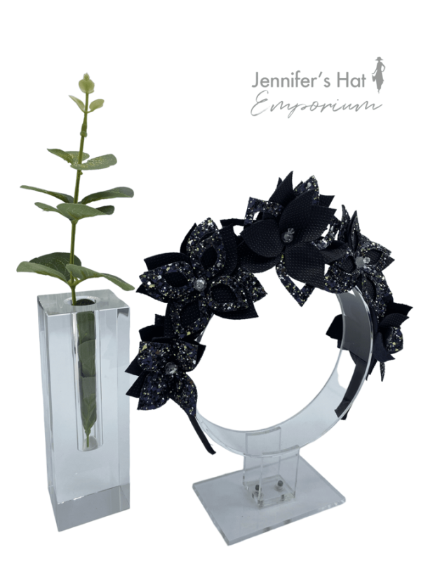 Midnight black flower crown with glitter detail.
