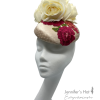 Cream headpiece with ivory flowers and a beautiful flower motif in pink and green.