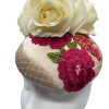 Cream headpiece with ivory flowers and a beautiful flower motif in pink and green.