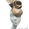 Gold satin headpiece with gold and cream swirl detail.