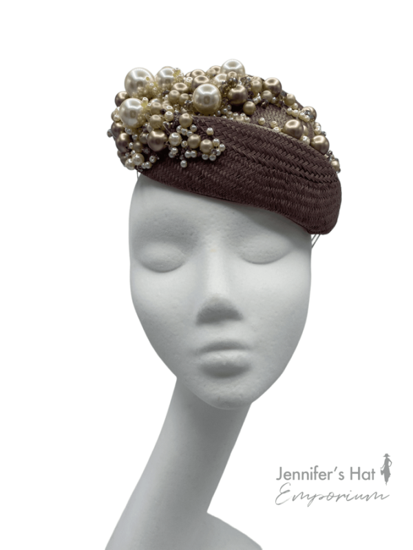 Brown/taupe headpiece with pearl and bead embellished detail.
