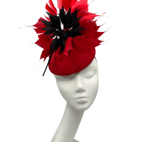 Stunning red headpiece with red and black feather detail.