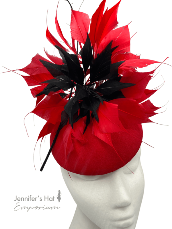 Stunning red headpiece with red and black feather detail.