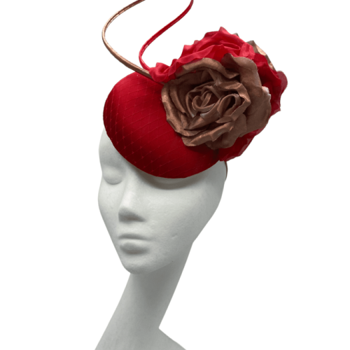 Red small satin headpiece with red and rose gold flowers and red quill detail.