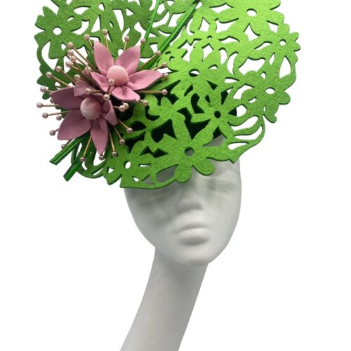 Green laser cut headpiece with forest green base and pink flower detail.
