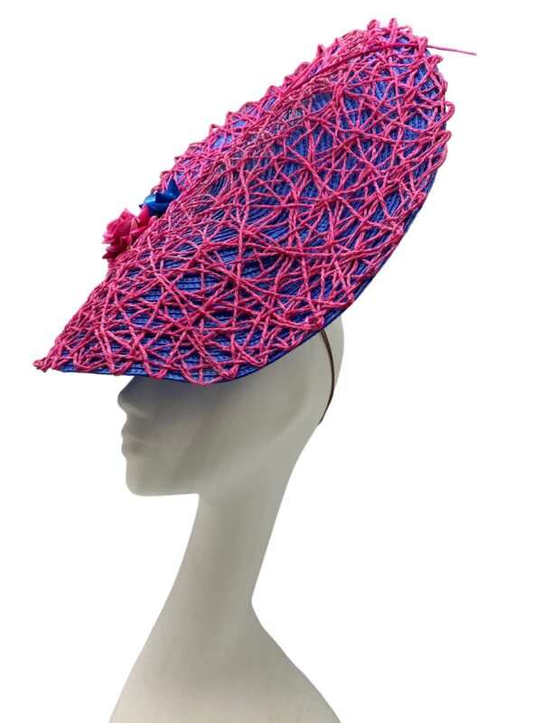 Showstopper headpiece in pink and cobalt blue.
