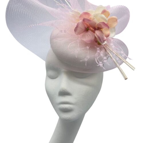 White base headpiece with stunning pink crin detail, with pink hydrangea finish.