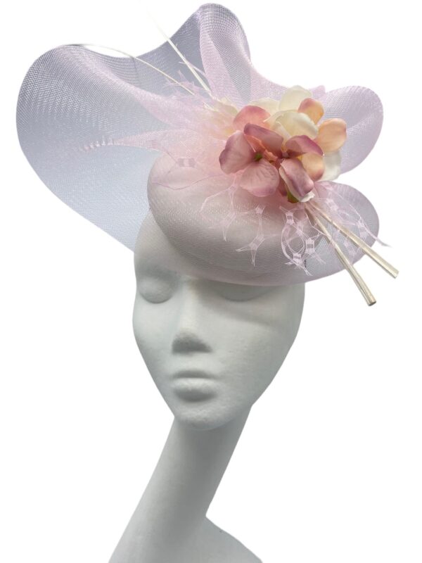 White base headpiece with stunning pink crin detail, with pink hydrangea finish.
