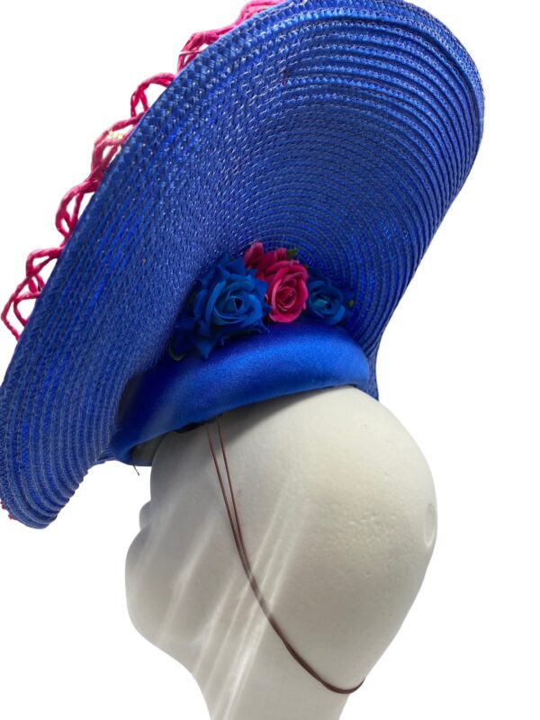 Showstopper headpiece in pink and cobalt blue.