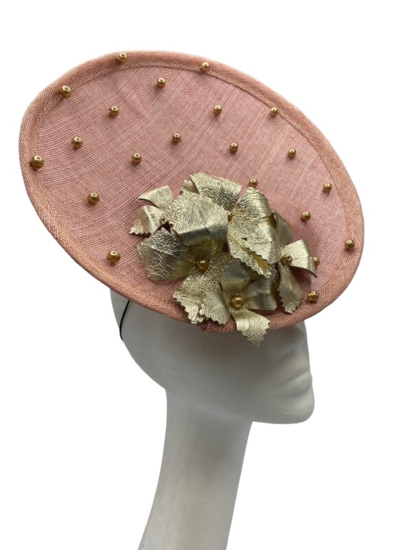 Blush pink percher headpiece with stunning gold beaded detail and gold flower petal to finish.