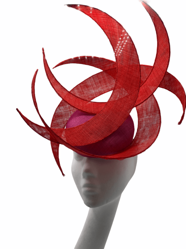 Stunning pink base headpiece with an array of striking red swirl detail.