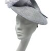 Stunning silver/grey side saucer headpiece on a headband, complete with a stunning array of feathers.