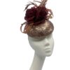 Rose gold sequinned headpiece with burgundy flowers & feather detail to finish.