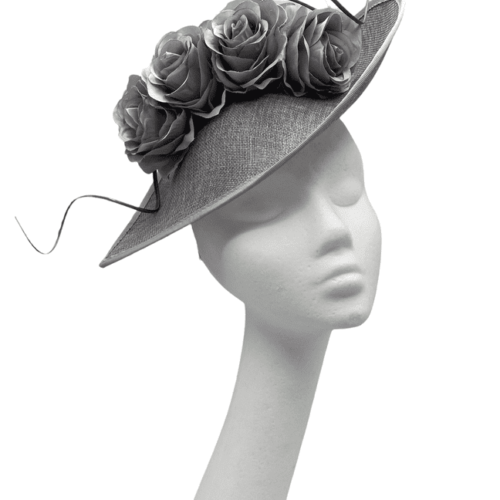 Silver/grey teardrop headpiece with matching flower and quill detail.