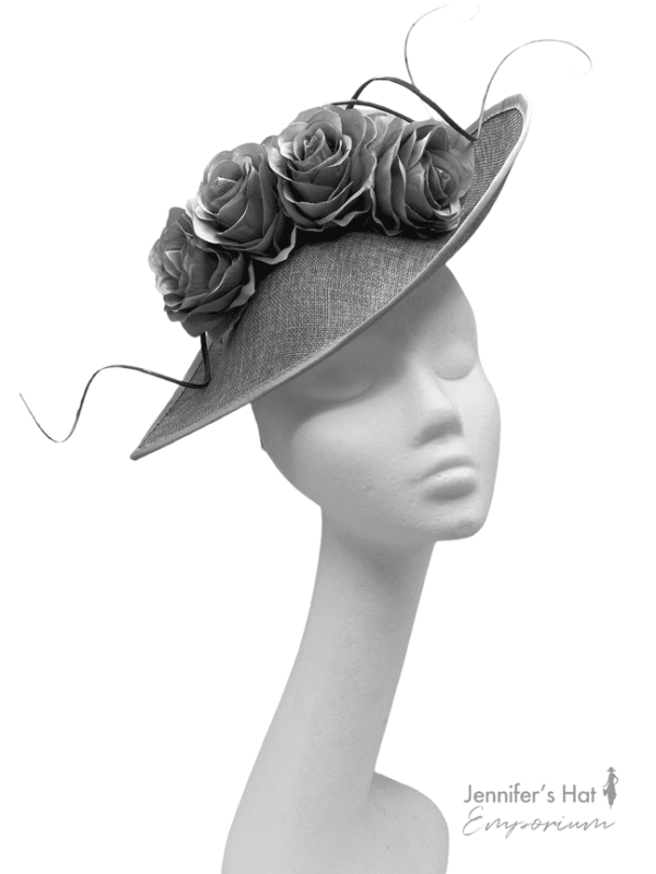 Silver/grey teardrop headpiece with matching flower and quill detail.