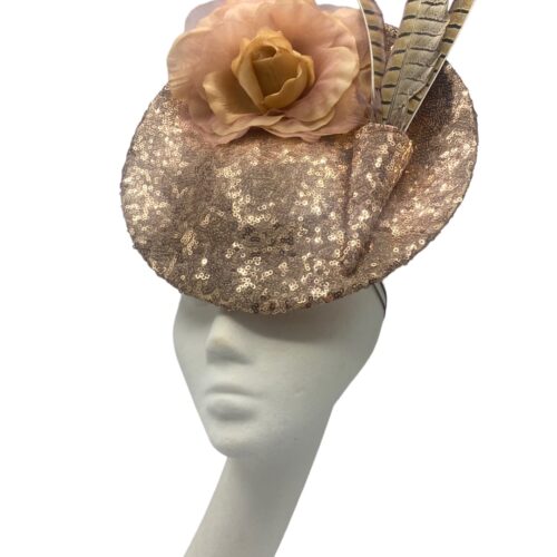 Rose gold sequinned headpiece with peach flower & feather detail.