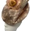 Rose gold sequinned headpiece with peach flower & feather detail.